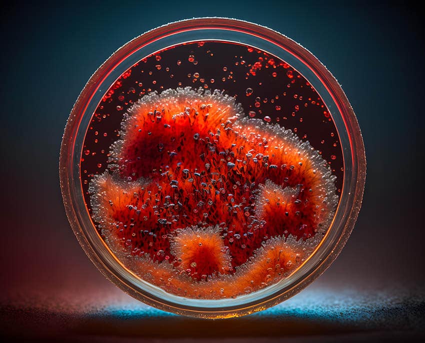 Red mould, also called red fungus, appears in shades of red, pink, or orange