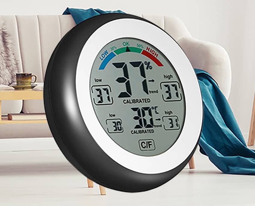 A hygrometer measures relative humidity and gives a clear indication of how much moisture is present in the air