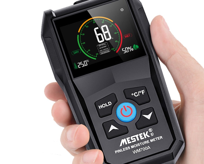 Wood moisture content is measured directly in the material using a moisture meter